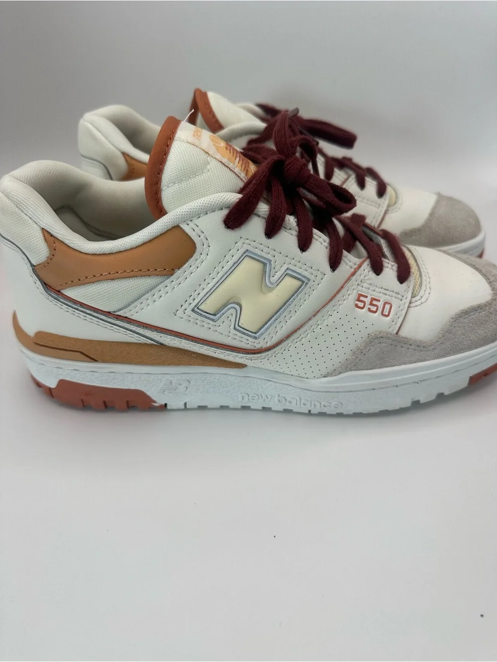 New Balance 550 White Tan & Burgundy Lace-Up Sneakers - Picture 2 of 9